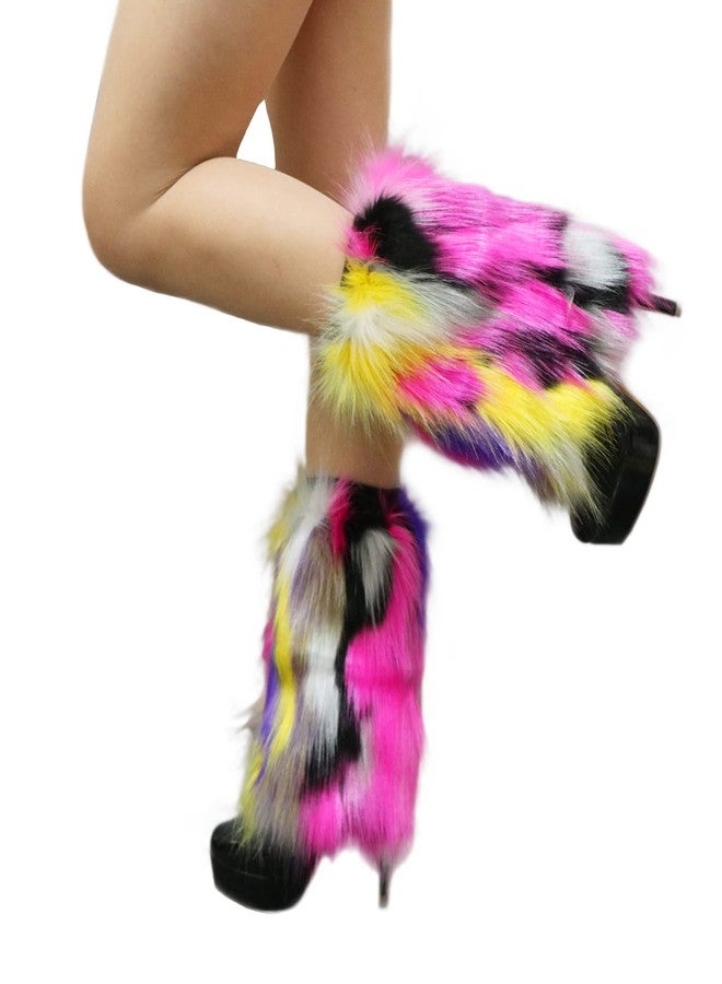 Popuid Tie Dye Women Furry Leg Warmers Faux Fur Boot Covers Fluffies Cuffs, 9.8" Tall (Purple-Yellow) - Image 1